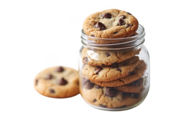 Chocolate chip cookies stacked inside glass jar with dark background on transparent background