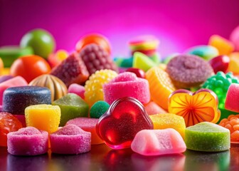 Colorful Candy & Gummies Silhouette on Pink Background - Sweet Treats Stock Photo