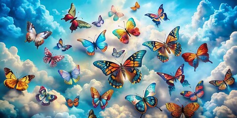 Colorful Butterflies & Papercut Clouds: Double Exposure Art Print