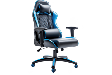 Isolated gaming chair with blue accents on a plain dark setting on transparent background