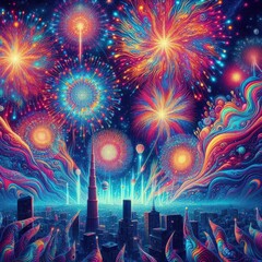 Brilliant colors burst through the night skies as fireworks explode above a futuristic city. The vibrant hues create a magical atmosphere enchanting all who witness the celebration