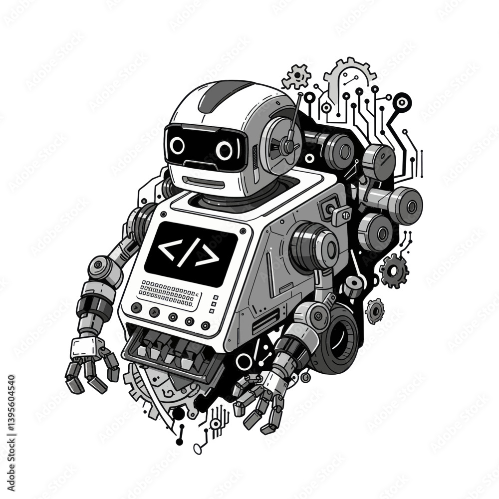 Poster digital code robot: an illustrative, monochrome image depicts a futuristic robot, embodying technolo