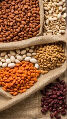 Naklejka premium A Colorful Harvest: Variety of Assorted Nuts and Seeds Displayed on Burlap Fabric, Creating a Rustic and Natural Still Life.