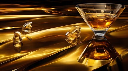 Luxury Golden Whiskey Drink in Crystal Glass with Ice Cubes