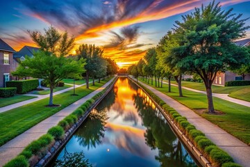 Obraz premium Coppell Texas Lakeside Aerial: Silhouette of Concrete Drainage Channel, Homes & Pools