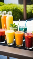 Fototapeta premium A Vibrant Array of Freshly Prepared Fruit and Vegetable Smoothies and Juices Bursting with Natural Goodness and Healthy Vitamins.