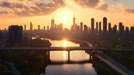 Fototapeta premium Aerial View Of City Skyline At Sunset With Bridge And River