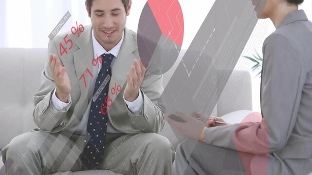 Discussing financial data with red and gray graphics, business professionals in meeting