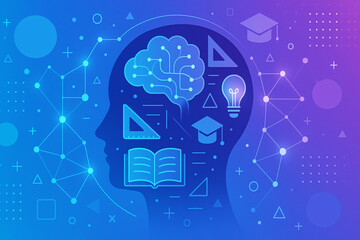 Artificial Intelligence and E-Learning Concept with Educational Icons and Neural Network on Gradient Background