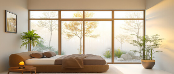 Fototapeta premium Modern bedroom with large windows and tranquil outdoor view at sunrise
