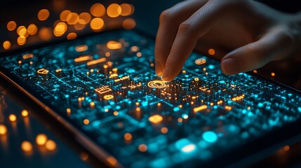 Hand Interacting with Glowing Digital Interface on a Sleek Device Display, Exploring Advanced Technology.
