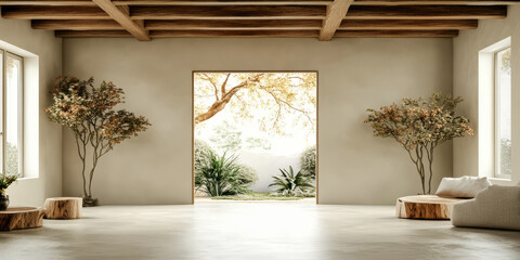 Fototapeta premium Modern interior design showcasing natural light and greenery in a minimalist setting