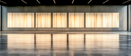 Obraz premium Modern art gallery displaying abstract paintings with polished concrete floor