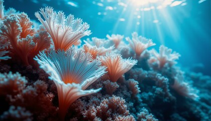 Fototapeta premium A vast desert landscape featuring shimmering, pearl-like sand dunes. Twisted acacia trees cast long, curved shadows across the scene, suggesting heat and an arid environment. The overall impression is