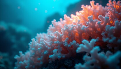 Naklejka premium Iridescent seaweed, coral formations, rose-golden luminescence, oceanic haze, wispy tendrils, delicate lace-like patterns, underwater scene, marine life, sea floor, reef ecosystem, soft light, gentle 