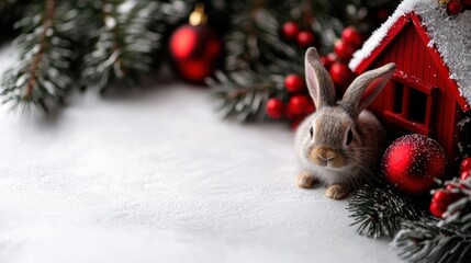 A cute rabbit resting beside a red wooden house adorned with Christmas decorations and snow