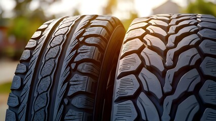 Two close-up tires with distinct tread patterns, showcasing differences in design and grip suitability. Concept Tire Tread Patterns, Grip Performance, Close-Up Photography, Design Comparison