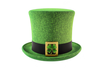 A green leprechaun hat with clover emblem on a dark background on transparent background