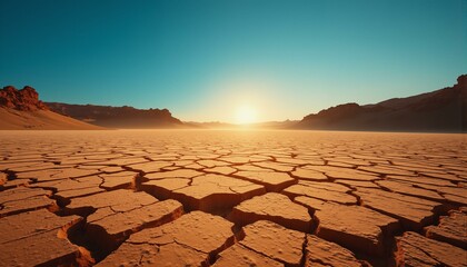 Ancient, cracked desert mudflats with intricate fractures and golden light.