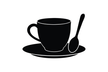 Silhouette art design of a coffee mug resting on a saucer and teaspoon lies beside it.eps