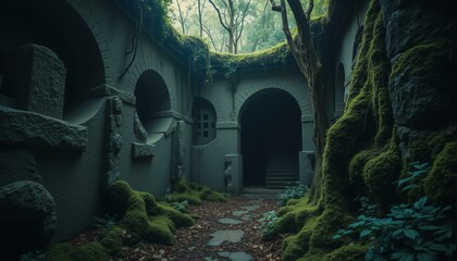 Ancient granite walls with moss-covered patina, iridescent runes, and auroral glow in a twilight forest.