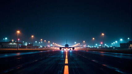Nighttime Airport Runway with Airplane