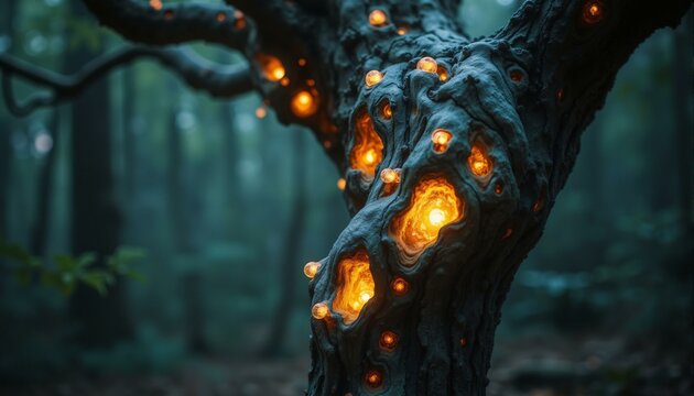 A close-up shot of a silverleaf maple's bark during a lunar eclipse, showcasing its intricate, glowing patterns.