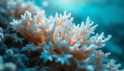 Fototapeta premium Delicate, shimmering diatom strands adorn ancient coral structures in a dreamy, turquoise setting.
