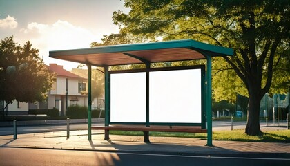 Fototapeta premium Two blank vertical billboards placed inside a bus stop shelter, with the light of the sunset falling in a residential neighborhood. For the presentation of brands and/or services