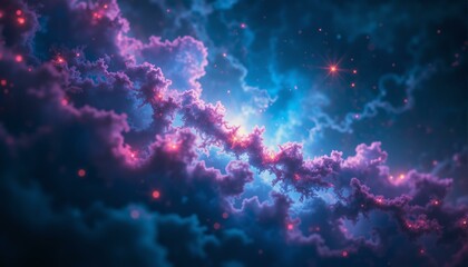 Fototapeta premium A stunning nebula with shimmering threads, stars, and ionized gas against a sapphire and amethyst background.