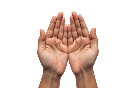 Two hands held open facing upwards against a dark background on transparent background