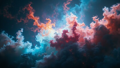 Swirling tendrils of crimson and turquoise gas undulate across dark canvas, punctuated by stardust and supernovae remnants.