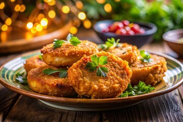 Fototapeta premium Delicious Thai Tod Mun Pla: Crispy Fried Fish Cakes with Bokeh Background