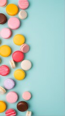 Obraz premium Delightful Macarons: An Assortment of Colorful and Delicious French Treats Displayed on a Light Blue Background, Perfect for any Sweet-Toothed Lover!