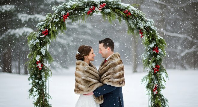 A cozy couple poses happily in a snowy wonderland filled with festive decor.