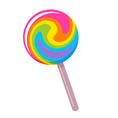 Ein bunter, runder Lollipop mit Regenbogenwirbel liegt auf weißem Hintergrund. Die stilisierte, digitale Illustration zeigt kräftige Farben wie Pink, Gelb, Blau, Grün, Orange und Lila 