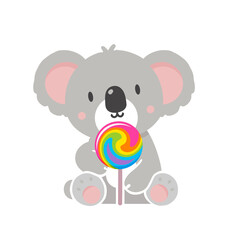 Ein niedlicher, grauer Koala im Cartoon-Stil hält einen bunten Regenbogen-Lollipop in den Pfoten. Die kindgerechte Illustration mit rosa Akzenten und fröhlichem Ausdruck steht auf weißem Hintergrund.