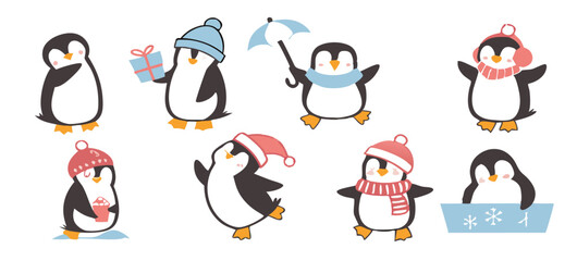 Obraz premium Cute Cartoon Penguin Collection – Winter Holiday, Snow Fun, and Summer Beach Clipart Set for Kids Designs and Seasonal Decorations.
