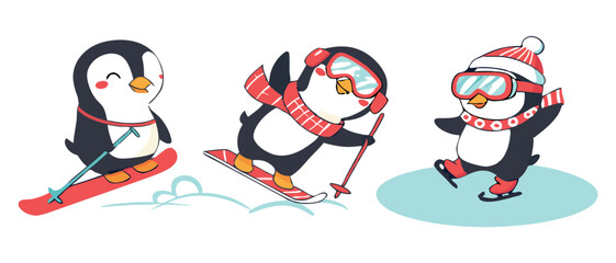 Cute Cartoon Penguin Collection – Winter Holiday, Snow Fun, and Summer Beach Clipart Set for Kids Designs and Seasonal Decorations.