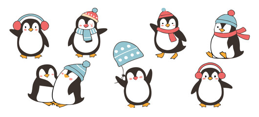 Cute Cartoon Penguin Collection – Winter Holiday, Snow Fun, and Summer Beach Clipart Set for Kids Designs and Seasonal Decorations.