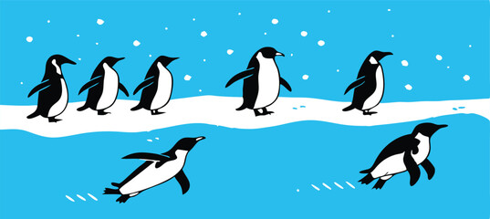 Penguin Vector Collection – Stylized Emperor Penguins Walking, Swimming, and Grouped in Arctic Wildlife Scene.