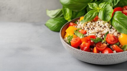 Colorful quinoa bowl with vegetables.  Fresh, healthy, and vibrant salad with quinoa, colorful cherry tomatoes, and bell peppers, garnished with fresh basil