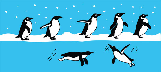 Naklejka premium Penguin Vector Collection – Stylized Emperor Penguins Walking, Swimming, and Grouped in Arctic Wildlife Scene.