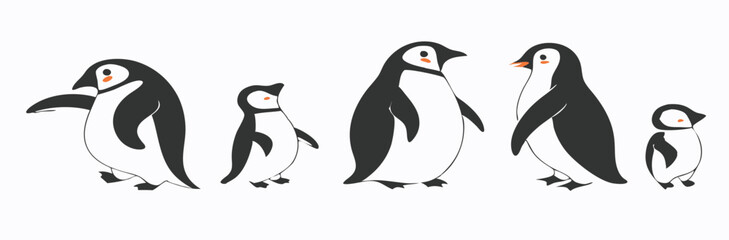 Obraz premium Penguin Vector Collection – Stylized Emperor Penguins Walking, Swimming, and Grouped in Arctic Wildlife Scene.