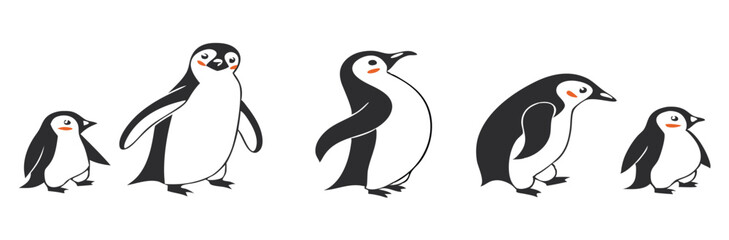 Naklejka premium Penguin Vector Collection – Stylized Emperor Penguins Walking, Swimming, and Grouped in Arctic Wildlife Scene.