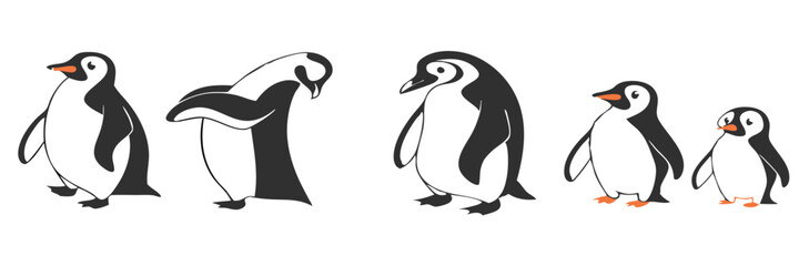 Naklejka premium Penguin Vector Collection – Stylized Emperor Penguins Walking, Swimming, and Grouped in Arctic Wildlife Scene.