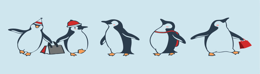 Penguin Vector Collection – Stylized Emperor Penguins Walking, Swimming, and Grouped in Arctic Wildlife Scene.