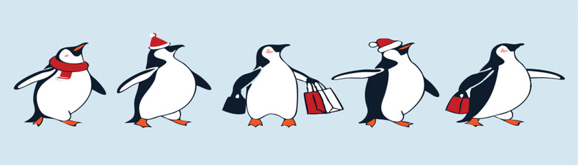 Penguin Vector Collection – Stylized Emperor Penguins Walking, Swimming, and Grouped in Arctic Wildlife Scene.