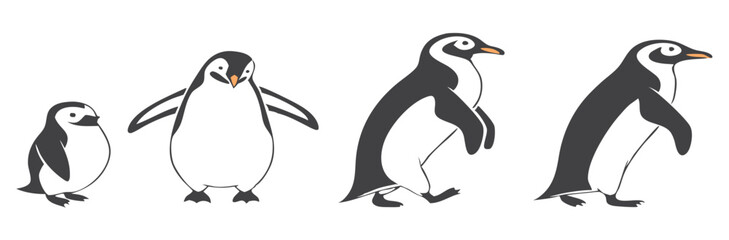 Penguin Vector Collection – Stylized Emperor Penguins Walking, Swimming, and Grouped in Arctic Wildlife Scene.