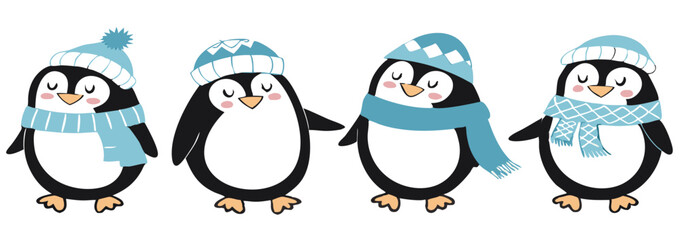 Cute Cartoon Penguin Collection – Winter Holiday, Snow Fun, and Summer Beach Clipart Set for Kids Designs and Seasonal Decorations.